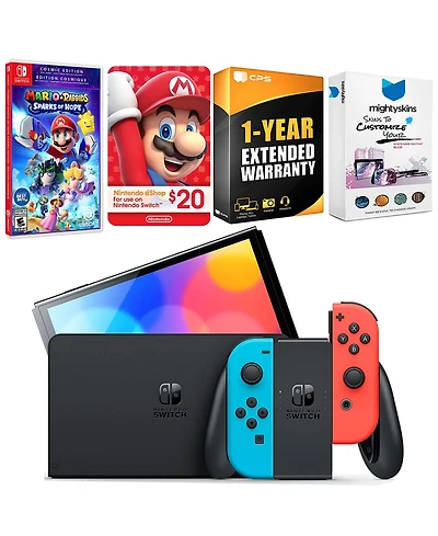 Nintendo Switch Neon Red & Blue Oled Console with Mario + Rabbids Sparks of Hope Cosmic Edition, Nintendo $20 eShop Gift Card
