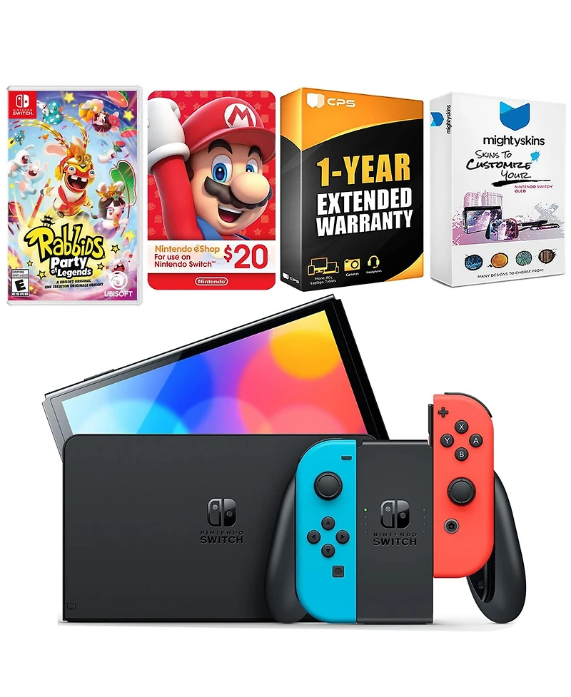 Nintendo Switch Neon Red & Blue Oled Console with Rabbids: Party of Legends, Nintendo $20 eShop Gift Card
