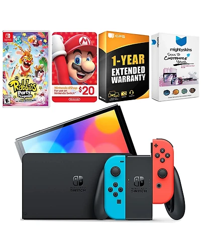 Nintendo Switch Neon Red & Blue Oled Console with Rabbids: Party of Legends, Nintendo $20 eShop Gift Card
