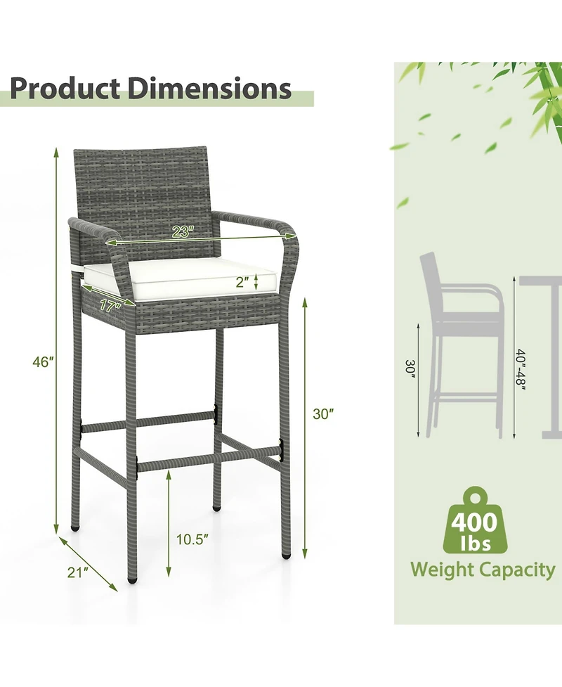 Set of 2 Patio Barstools – Wicker Outdoor Chairs with Cushions & Armrests
