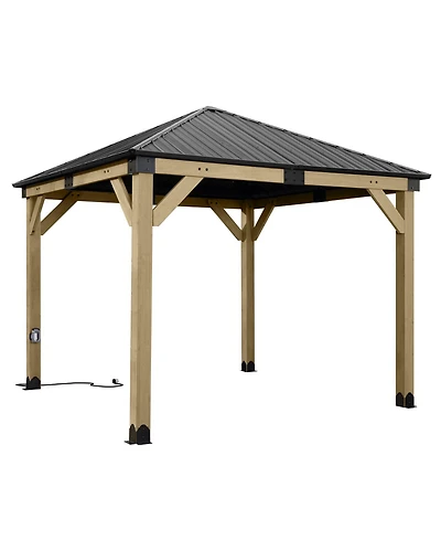 Aoodor 10 x 10 ft Wooden Frame Gazebo with Galvanized Metal Hardtop Roof, Outdoor Patio Gazebo with Charging Socket