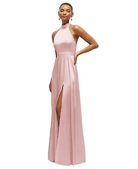 After Six Women's Band Collar Halter Open Back Fluid Satin Maxi Dress with Self-Tie Bow