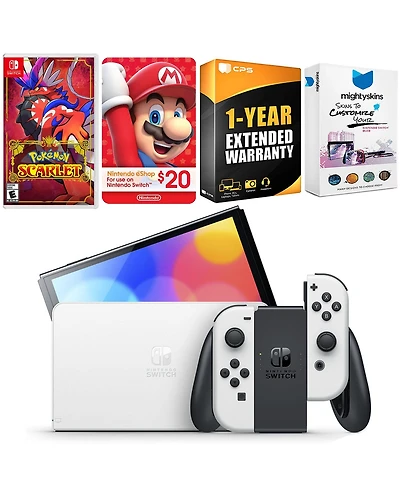 Nintendo Switch White Oled Console with Pokemon Scarlet, Nintendo $20 eShop Gift Card, MightySkins Console and Controller Skin Voucher