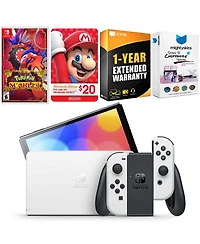 Nintendo Switch White Oled Console with Pokemon Scarlet, Nintendo $20 eShop Gift Card, MightySkins Console and Controller Skin Voucher