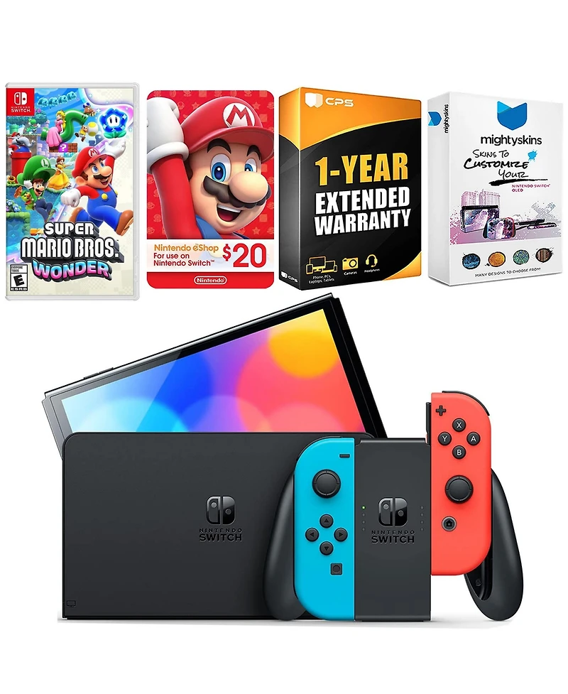 Nintendo Switch Neon Red & Blue Oled Console with Super Mario Bros. Wonder, Nintendo $20 eShop Gift Card