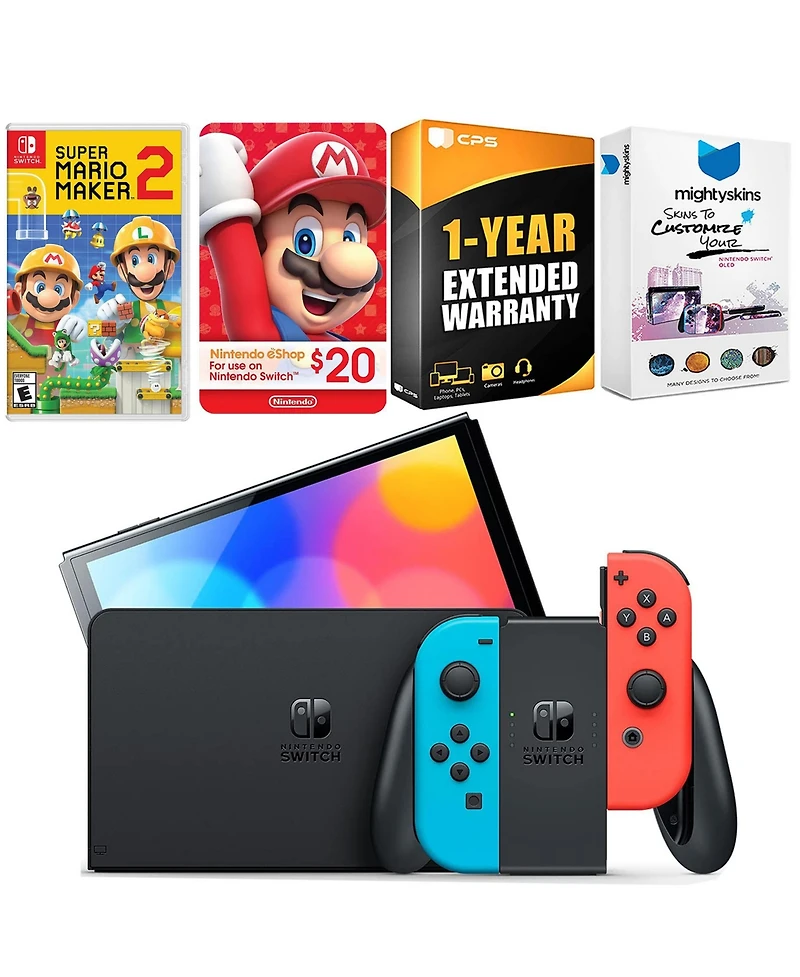 Nintendo Switch Neon Red & Blue Oled Console with Mario Maker 2, Nintendo $20 eShop Gift Card