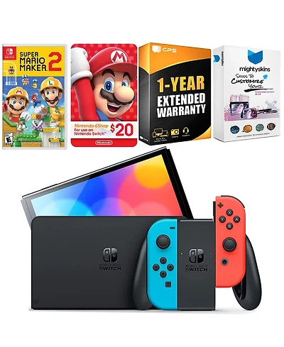 Nintendo Switch Neon Red & Blue Oled Console with Mario Maker 2, Nintendo $20 eShop Gift Card