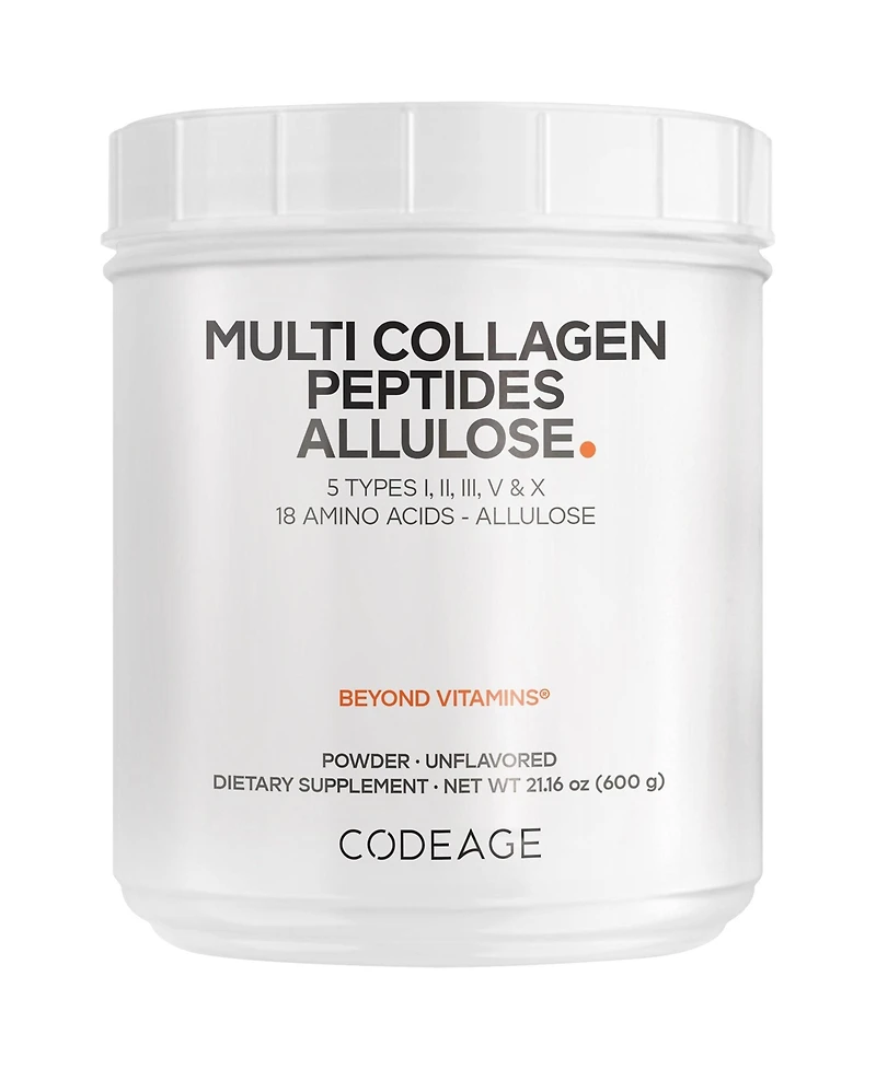 Codeage Multi Collagen Peptides Powder + Allulose - 5 Types - Grass-Fed Collagen - Rare Sugar Allulose Supplement - 0 Calories Sweetener & 0 Carbs