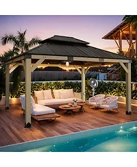 Aoodor 12' x 14' Wood Gazebo, Upgrade Cedar Wooden Frame Gazebo with 2-Tier Galvanized Steel Roof and Outlets for Patio, Backyard, Deck, and Lawn