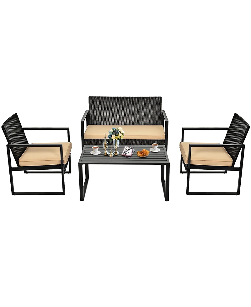 Gymax 4PCS Outdoor Wicker Rattan Furniture Set Patio Conversation Set With Cushions