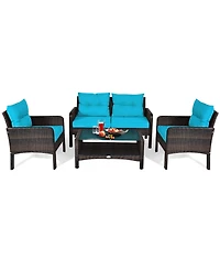 Gymax 4PCS Rattan Patio Furniture Conversation Set Cushioned Outdoor Furniture Set