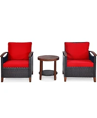 Gymax 3PCS Patio Wicker Rattan Conversation Set Outdoor Furniture Set w/ Red Cushion