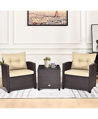 Gymax 3PCS Patio Outdoor Rattan Conversation Set w/ Cushion Coffee Table