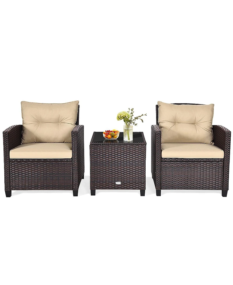 Gymax 3PCS Patio Outdoor Rattan Conversation Set w/ Cushion Coffee Table