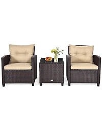 Gymax 3PCS Patio Outdoor Rattan Conversation Set w/ Cushion Coffee Table