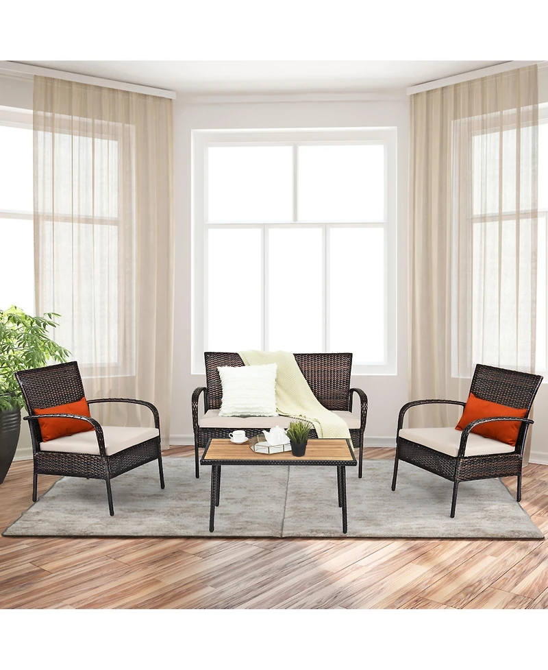 Gymax 4PCS Cushioned Rattan Patio Conversation Set Outdoor Furniture Set