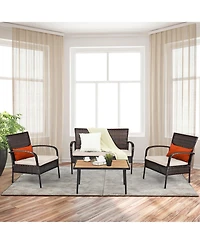 Gymax 4PCS Cushioned Rattan Patio Conversation Set Outdoor Furniture Set