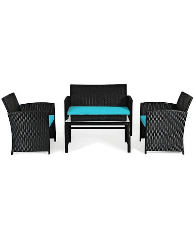 Gymax 4PCS Rattan Outdoor Conversation Set Patio Furniture Set w/ Turquoise Cushions