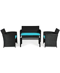 Gymax 4PCS Rattan Outdoor Conversation Set Patio Furniture Set w/ Turquoise Cushions