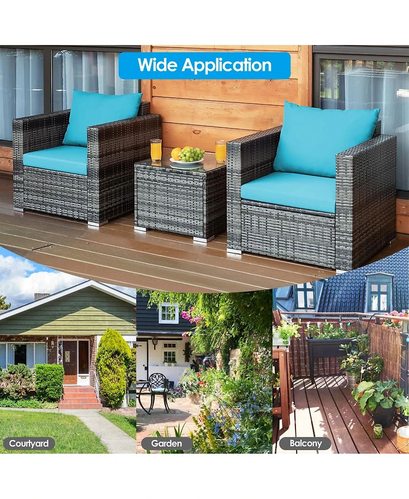 Gymax 3PCS Rattan Patio Conversation Furniture Set Outdoor Yard w/ Cushion
