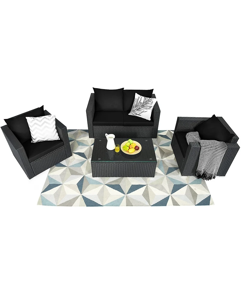 Gymax 4 Piece Rattan Outdoor Furniture Set Patio Conversation Set Cushions and Coffee Table