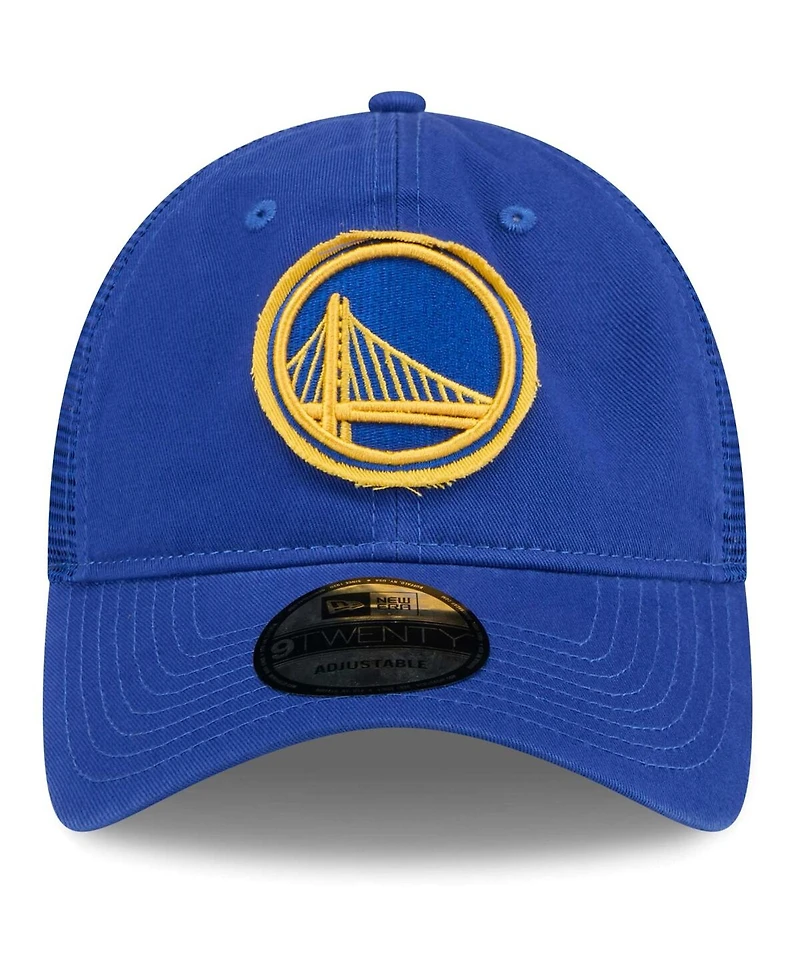 New Era Men's Royal Golden State Warriors Rough Edge Logo Trucker 9TWENTY Adjustable Hat
