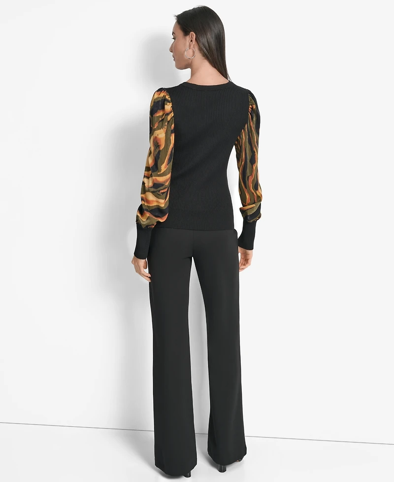 Dkny Women's V-Neck Rib-Knit Satin-Long-Sleeve