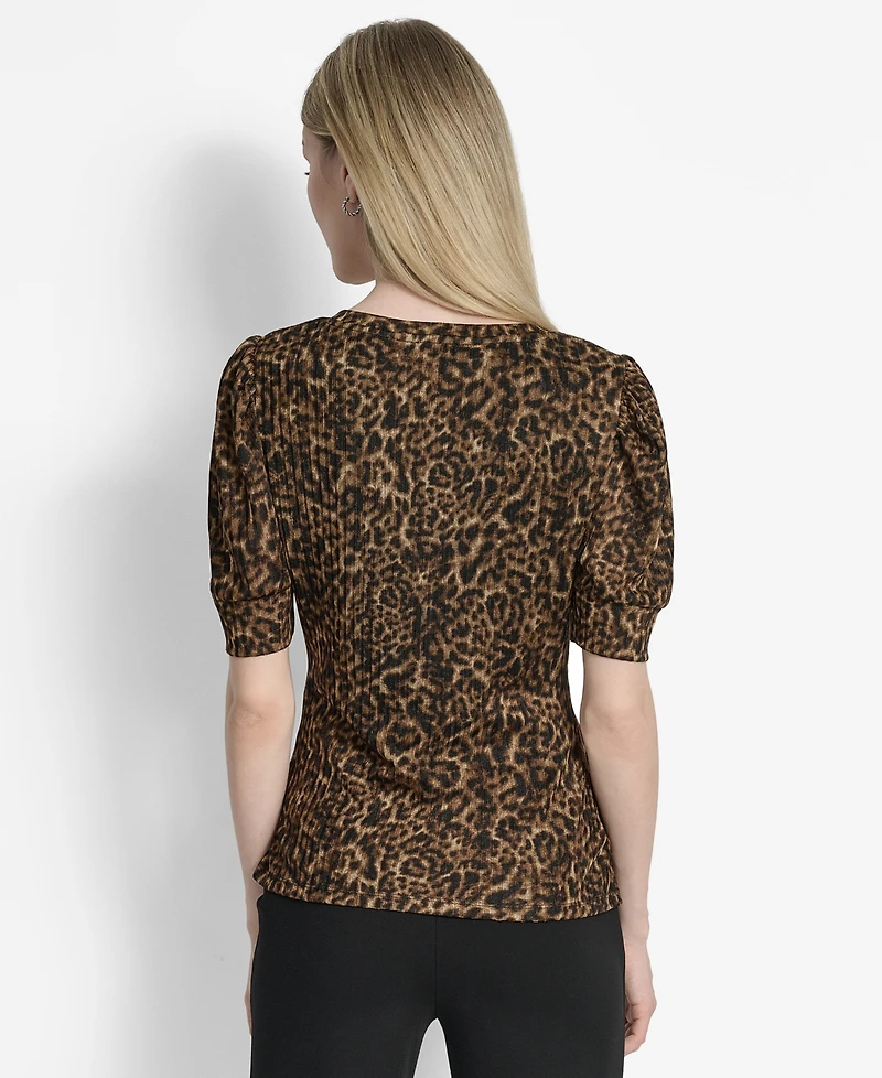 Dkny Women's Printed Puff-Sleeve Ruched Top