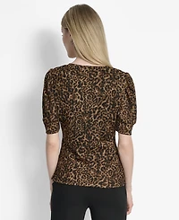 Dkny Women's Printed Puff-Sleeve Ruched Top