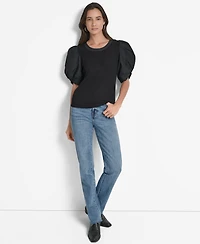 Dkny Women's Mixed-Media Taffeta Puff-Sleeve Top