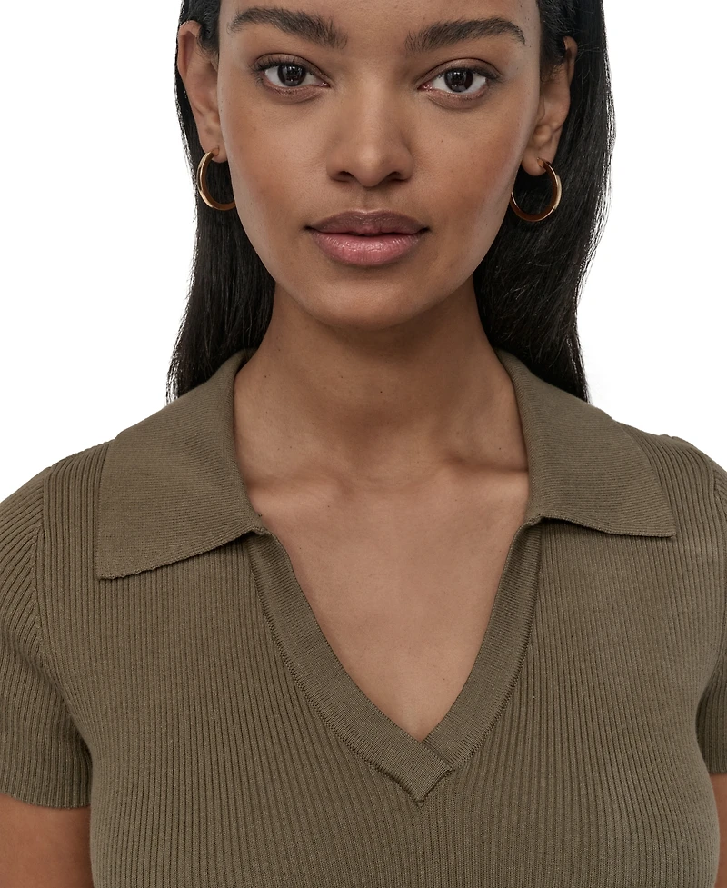 Dkny Jeans Women's V-Neck Side-Logo Rib-Knit Short Sleeve Polo Top