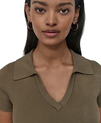 Dkny Jeans Women's V-Neck Side-Logo Rib-Knit Short Sleeve Polo Top