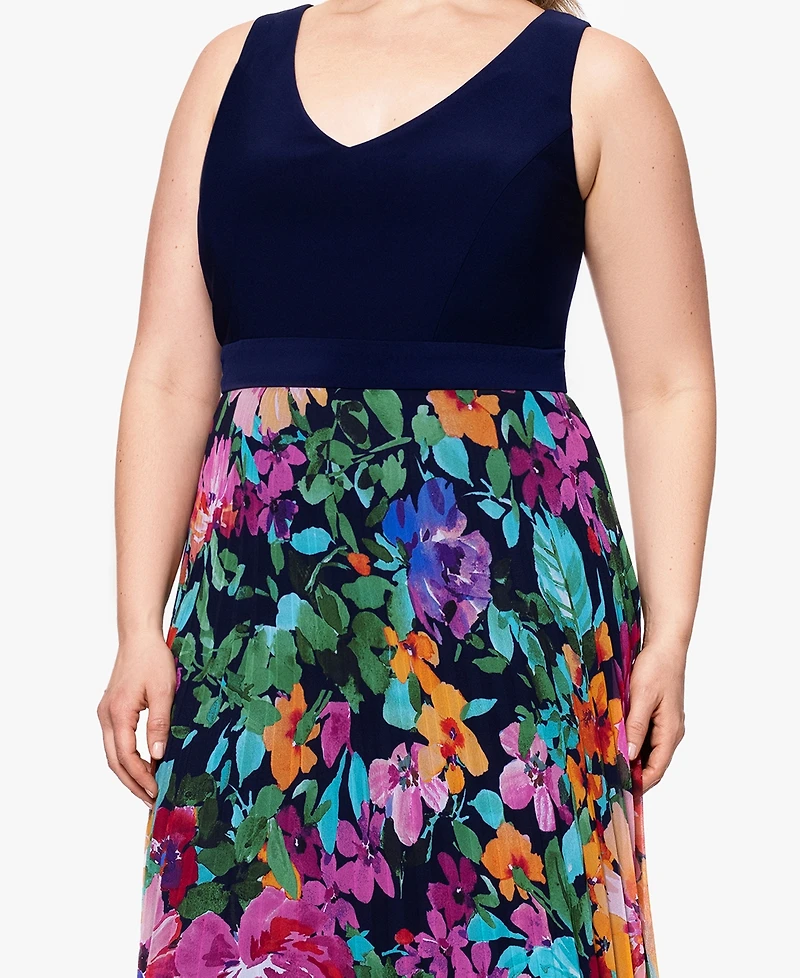 Xscape Plus V-Neck Sleeveless Printed-Skirt Gown