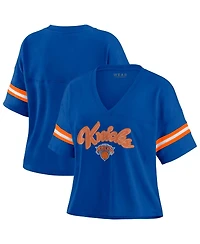 Wear by Erin Andrews Women's Blue New York Knicks Color Block Boxy V-Neck T-Shirt