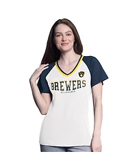 G-iii 4Her by Carl Banks Women's White/Navy Milwaukee Brewers Ball Park Raglan V-Neck T-Shirt