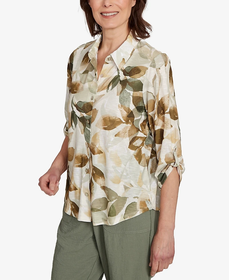 Alfred Dunner Women's Copper Canyon Knit Leaf Button Front Top