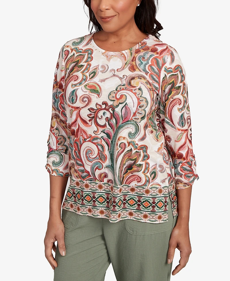 Alfred Dunner Women's Copper Canyon Textured Scroll Border Ruched Sleeves Top