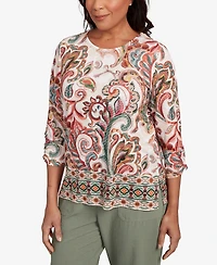 Alfred Dunner Women's Copper Canyon Textured Scroll Border Ruched Sleeves Top