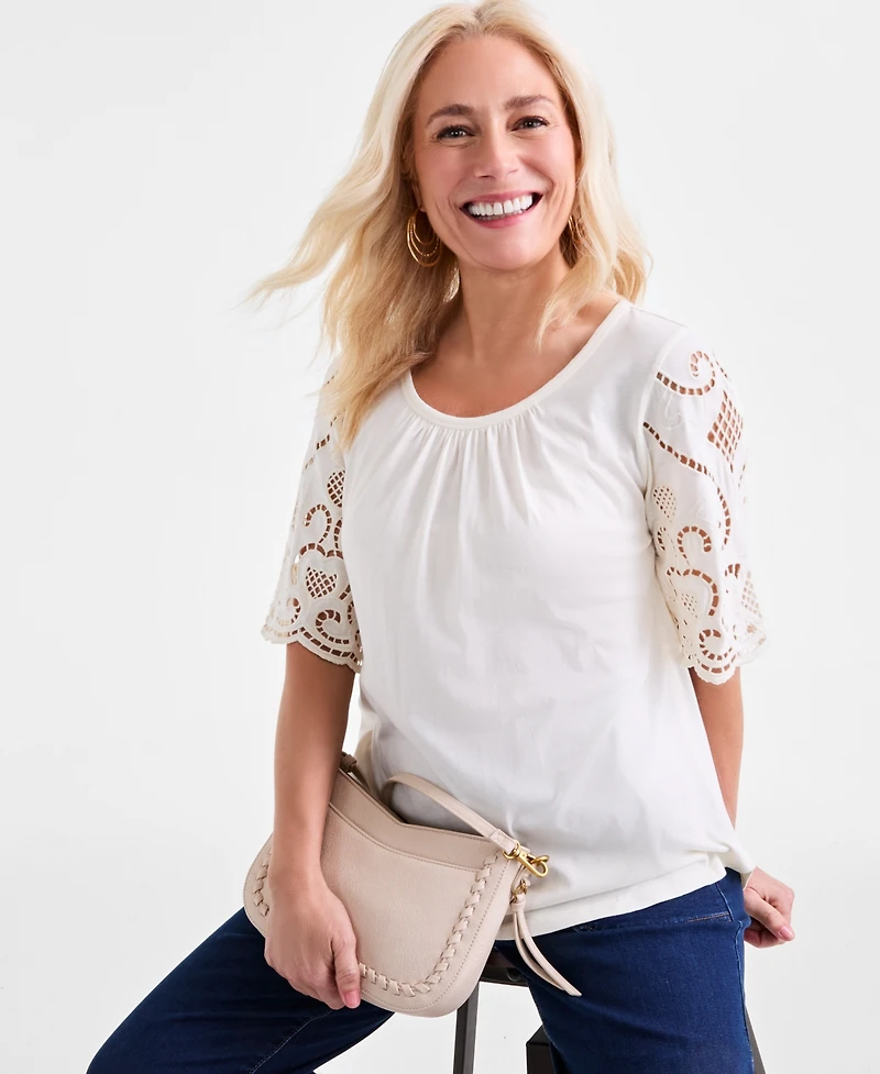 Style & Co Petite Eyelet-Sleeve Top, Exclusively at Macy's