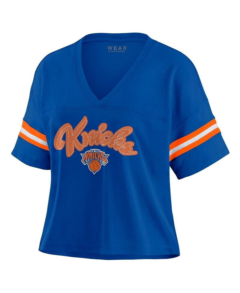 Wear by Erin Andrews Women's Blue New York Knicks Color Block Boxy V-Neck T-Shirt