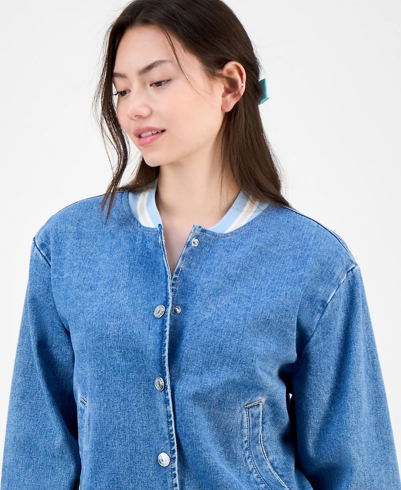 Madden Girl Juniors' Denim Varsity Bomber Jacket