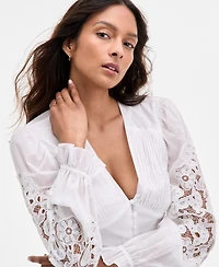 Avec Les Filles Women's Cotton Pintuck Lace-Trim Button-Front Blouse