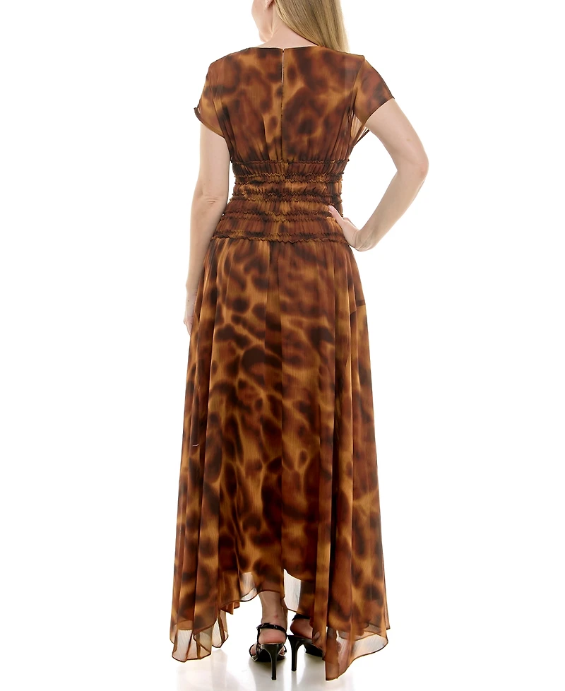 Taylor Women's Printed Chiffon Smocked-Waist Handkerchief Hem Dress