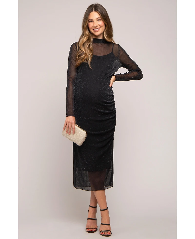 Pinkblush Maternity Black Shimmer Mesh Long Sleeve Ruched Midi Dress