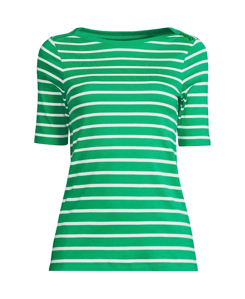 Lands' End Women's Tall Supima Cotton Elbow Sleeve Boatneck Button Shoulder Tee