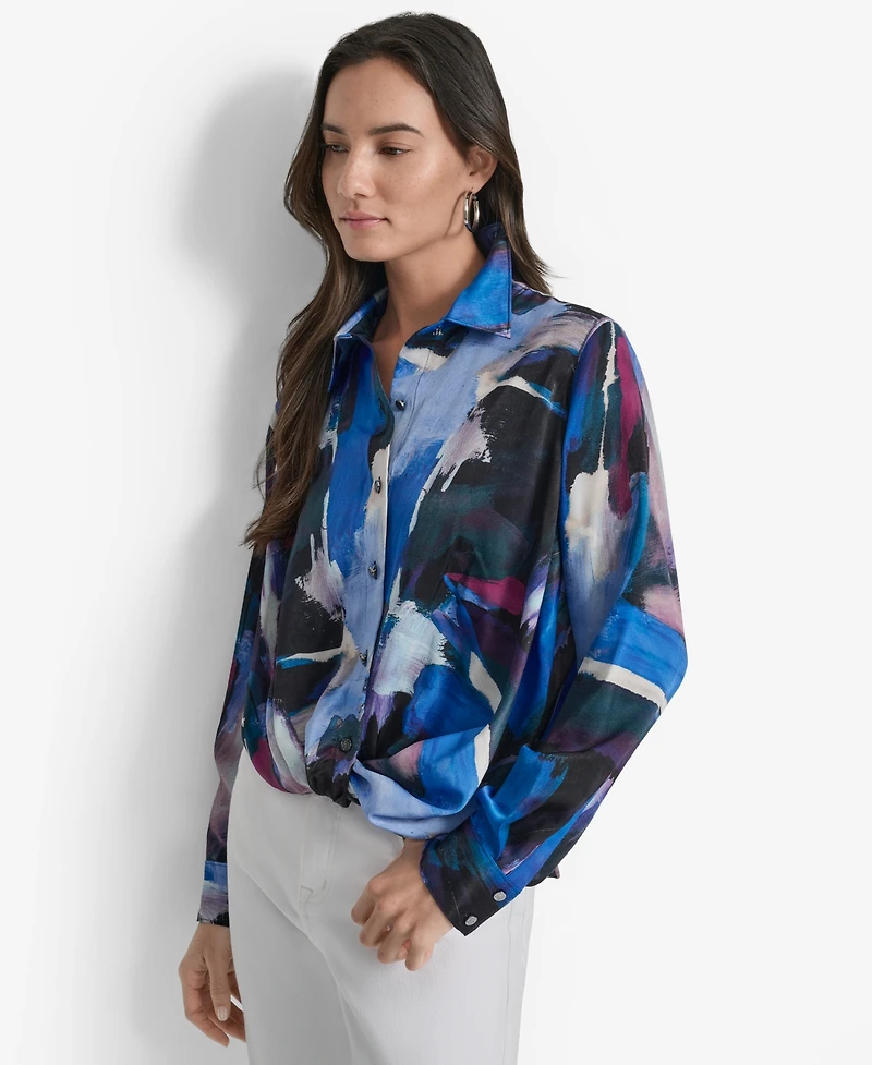 Dkny Women's Printed Long-Sleeve Twist-Front Blouse