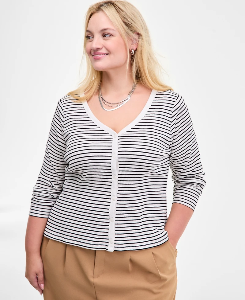 On 34th Trendy Plus Striped V-Neck Button-Front Cardigan, Macy's Exclusive