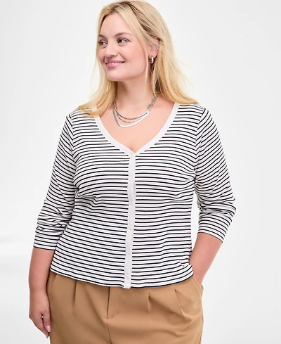 On 34th Trendy Plus Striped V-Neck Button-Front Cardigan, Macy's Exclusive