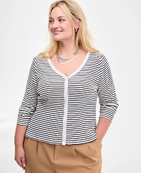 On 34th Trendy Plus Striped V-Neck Button-Front Cardigan, Macy's Exclusive