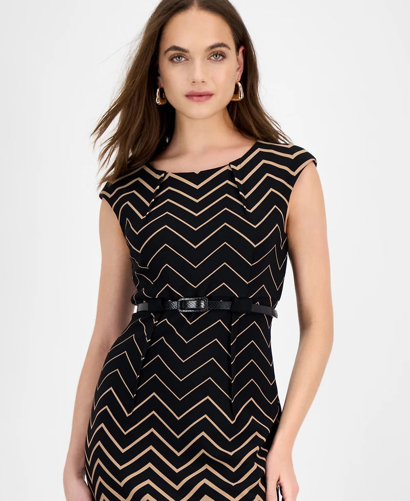 Connected Women's Ottoman Chevron-Print Belted Dress